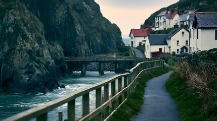 Fototapeta premium A peaceful coastal village features winding paths and charming bridges that evoke a sense of tranquility and inspi n