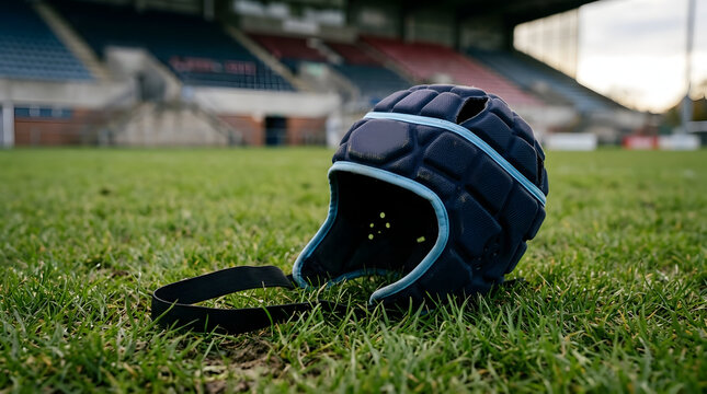 Navy blue padded rugby scrum cap lying on a green grass field in a large sports stadium with blurred grandstands in the background, protective headgear for contact sports.