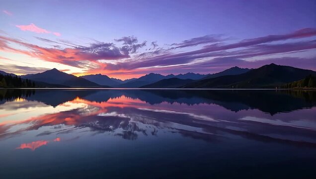 Stunning purple twilight gradient sky reflecting on a placid glassy lake surface after sunset.