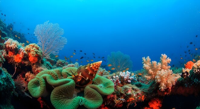 Predatory Cone Snail with Patterned Shell Resting on a Large Green Coral Formation Within a Diverse Tropical Reef Ecosystem Surrounded by Sea Fans and Clear Blue Ocean Water.