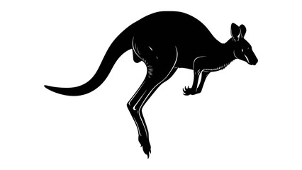 Kangaroo Silhouette in Motion: A striking black silhouette of a kangaroo in mid-leap, showcasing its powerful hind legs and distinctive tail, captured against a clean backdrop. © Abu