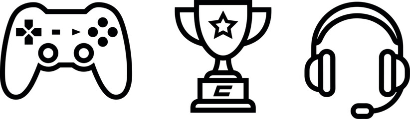 Gaming and Esports Line Icon Set Featuring Video Game Controller Gamepad Winner Trophy Cup and Gaming Headset with Microphone Symbols © Ashik 
