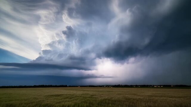 Dramatic cumulonimbus storm clouds over a golden wheat field