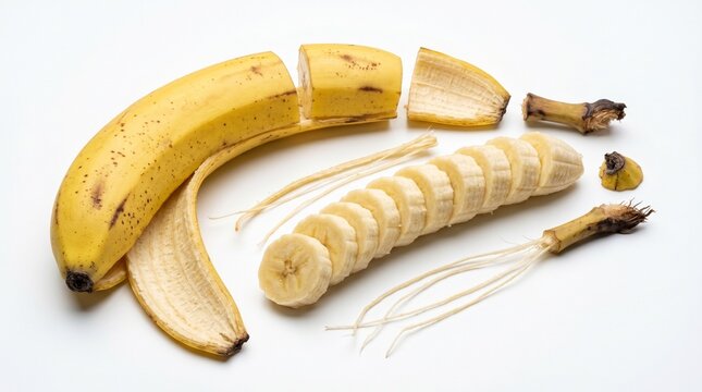 fruit tropical healthy food snack delicious organic natural sliced curvy peel stringy white background spots brown black table surface diet nutrition energy potassium smoothie