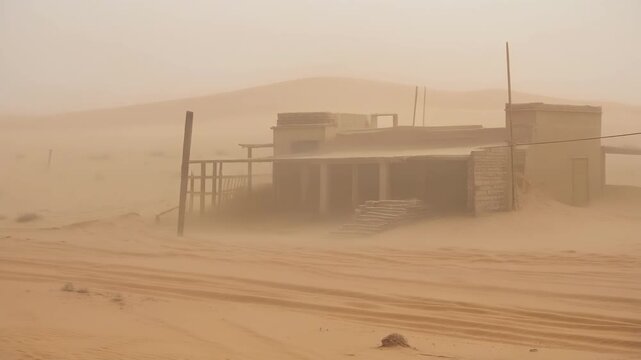 Abandoned desert building obscured by sandstorm