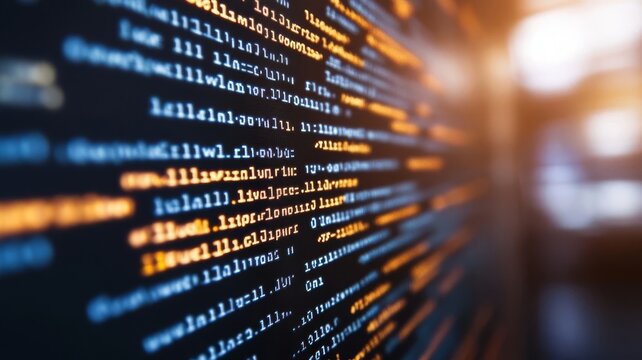 Abstract software code background featuring binary data streams for advanced computer programming technology applications.