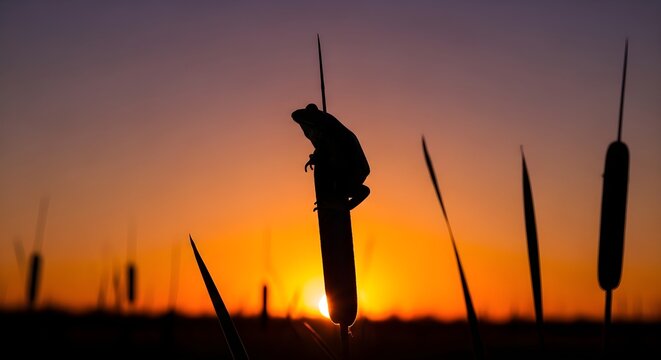 Silhouette of a frog perched on a cattail plant in a marshland during a golden sunset with a vibrant orange and purple sky background and high contrast lighting.