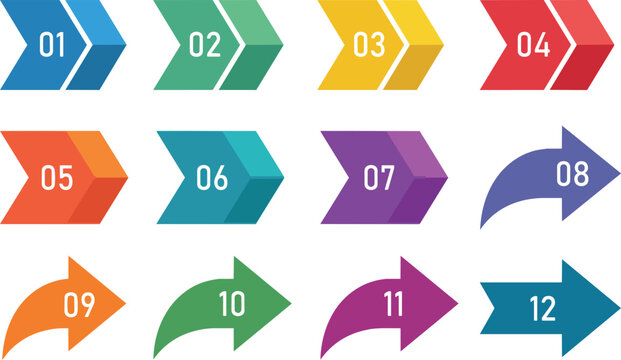 Vibrant colorful numbered infographic arrow vector illustration set for business presentation design on transparent background