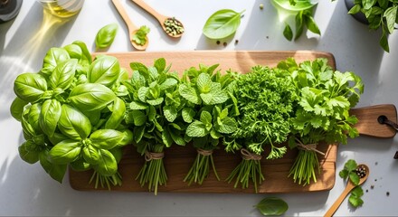 Fototapeta premium Fresh herbs on a wooden cutting board.