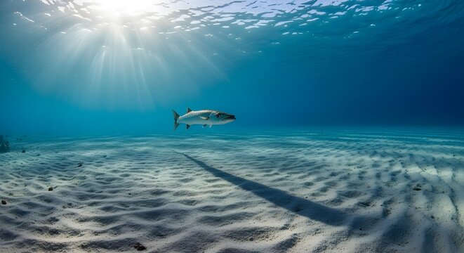 Solitary great barracuda swimming over a rippled white sandy seabed in clear blue tropical ocean water with bright sunbeams filtering from the surface and casting a long shadow.