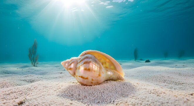 Solitary large spiral seashell resting on white sandy seabed underwater with bright sunlight rays filtering through clear turquoise ocean water and a small sea fan background.