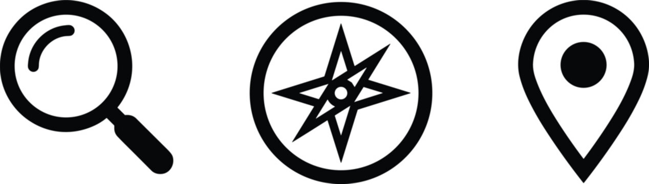 Navigation and Location Search Line Icon Set Featuring Magnifying Glass Compass and Map Pin Pointer Symbols for Travel Interface Layouts