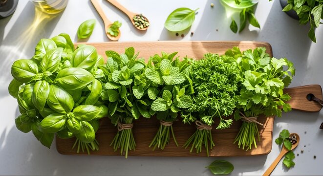 Fresh herbs on a wooden cutting board.