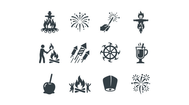 Celebration Icons: Bonfire, Fireworks, Lantern, Hot Drink, Candy Apple