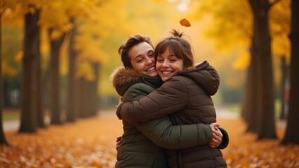 Fototapeta premium A surprise hug from behind in a park full of autumn leaves