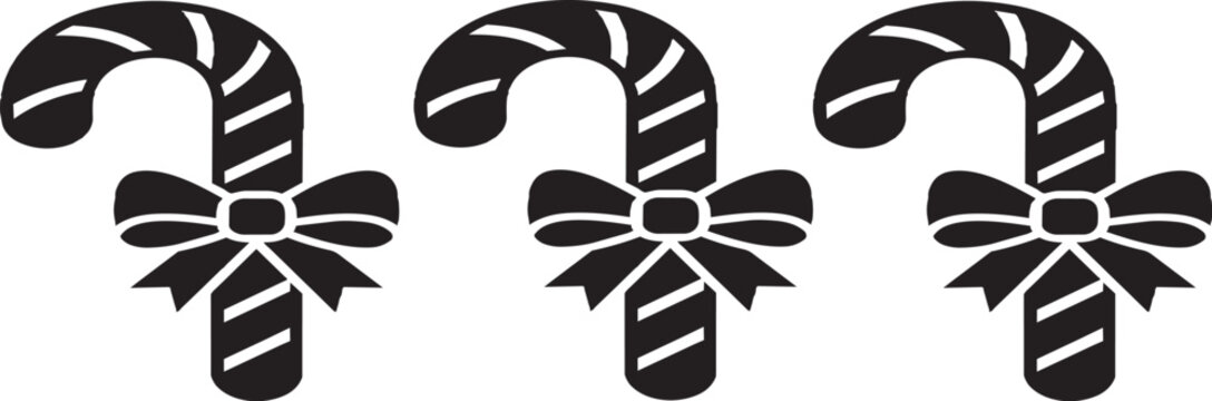 Three festive striped candy canes with decorative bows rendered as a flat vector on transparent background