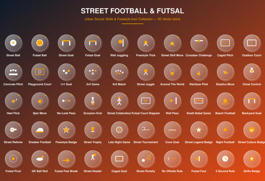 Street football icon set, futsal and urban soccer symbols, freestyle trick vector illustration. Perfect for sports lifestyle app and street culture branding with glassmorphism dark style.