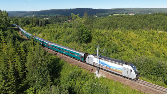 Oslo to Bergen VY train Bergensbanen near Honefoss, Norway
