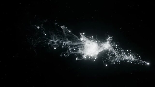 Abstract white glowing particles drifting and flowing serenely through dark space, resembling ethereal spirits or phantom entities haunting, ominous, spooky