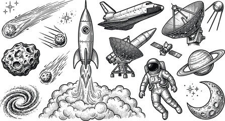 Vintage Outer Space Exploration Vector Set Featuring Astronaut Rocket Launch Space Shuttle Saturn Satellite Meteor Comet Galaxy Moon and Radar Dish Element Designs © Shahanaj