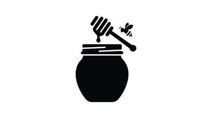 Honey jar with dipper and bee black silhouette pot container sweet nectar © arfan