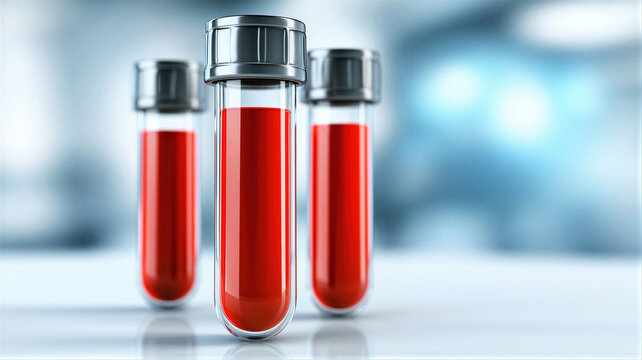 Test tubes with red blood sample in laboratory. Scientific analysis of clinical chemistry. Medical research for healthcare diagnosis. Pharmaceutical testing and bio technology development.