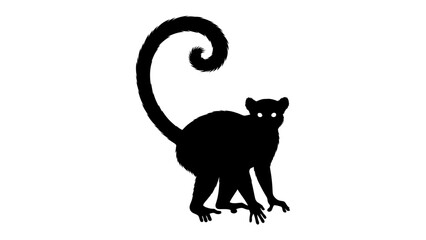 Silhouette of a Curious Lemur: A stylized black silhouette of a lemur with its characteristic large eyes and a long, curly tail is depicted in a playful, alert posture. © Abu