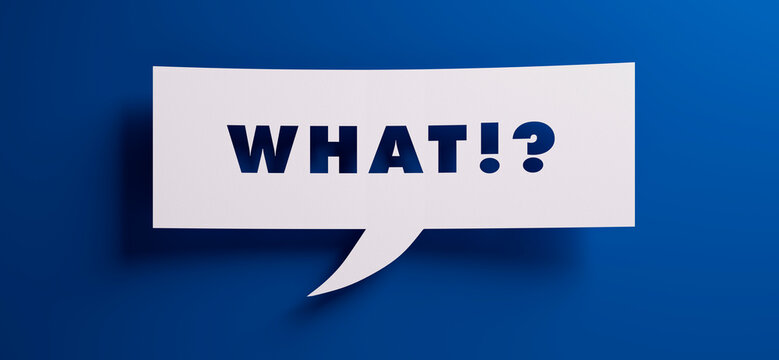 White speech bubble with the word what in front of a blue colored wall - 3D illustration