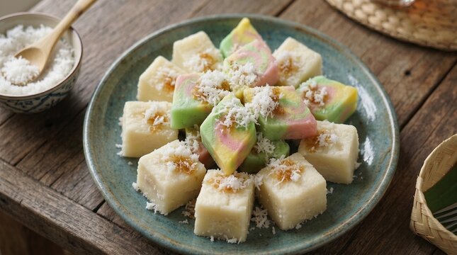 Traditional Indonesian sweet getuk singkong cakes, featuring tricolor marble diamonds and white cubes topped with shredded coconut and palm sugar, served on a ceramic plate.