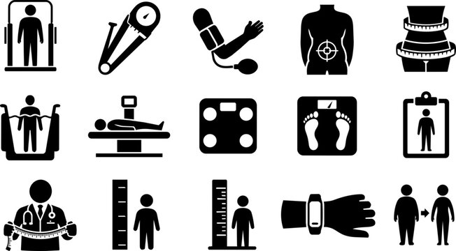 Medical Health Assessment and Body Composition Silhouette Icon Set with Clinical Measurement and Health Monitoring Symbols