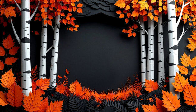 Autumn birch forest paper cut landscape frame background