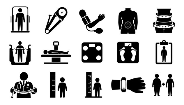 Medical Health Assessment and Body Composition Silhouette Icon Set with Clinical Measurement and Health Monitoring Symbols