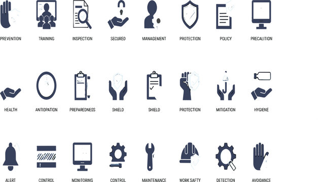 Modern geometric workplace safety and security line icon set for corporate risk management