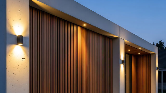Contemporary architectural facade featuring vertical timber slats integrated into charcoal cement cladding with warm ambient outdoor illumination during twilight hours.