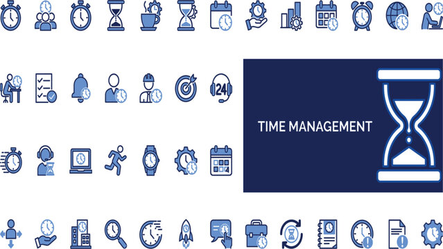 Modern Time Management Outline Icon Set with Productivity Planning Schedule and Deadline Vector Collection