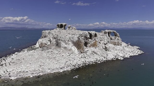 Cinematic Drone Video of Kubadabad Kiz Kalesi Island and Seljuk Ruins on Beysehir Lake in Turkey