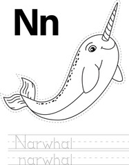 Narwhal - Coloring Book Writing Practice Sheet © Kevin