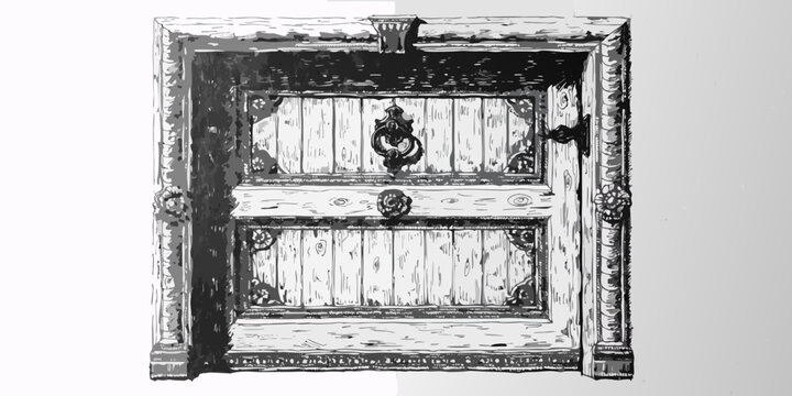Illustration of a wooden door with a window and a knocker door handle door hinge door lock door latch door panel door post door sill door stop door trim door jamb door casing door molding