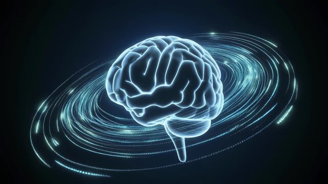Glowing blue brain with swirling light particles