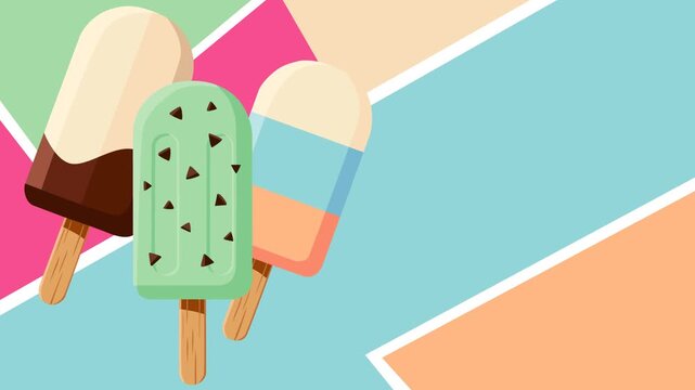 Delicious assortment of colorful ice cream popsicles displayed on a modern geometric pastel background. Perfect for summer, dessert, snack, frozen treat, food advertising, seasonal promotions