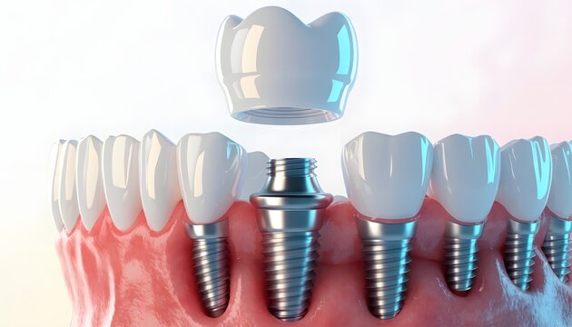 Single tooth dental implant assembly process. Abutment fixation and final ceramic crown placement. Cross section view of a titanium screw root in the lower jaw gums