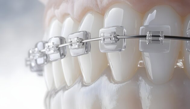 Transparent ceramic braces on upper teeth close up. Aesthetic orthodontics and invisible alignment. Patient smiling with clear brackets and metal wire