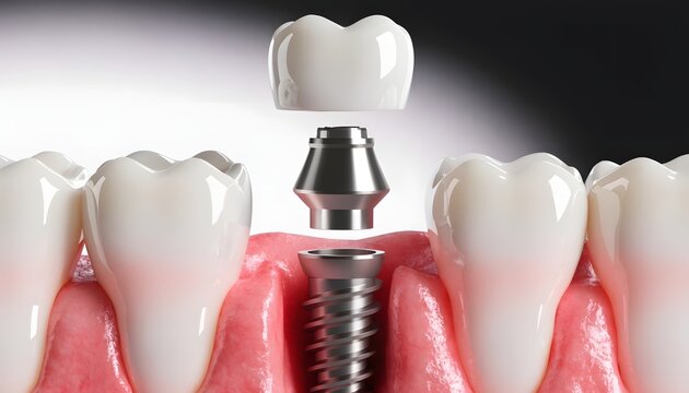 Dental implant structure assembly with screw abutment and crown. Prosthetic tooth replacement surgery. Surgeon installing a metal post into the jaw bone
