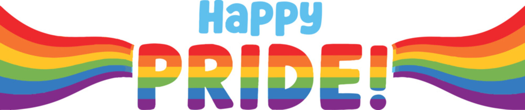 Happy Pride Text with Rainbow Flag Wings on a White Background Keywords: pride, happy pride, lgbtq, rainbow, flag, wings, colorful, celebration, joy, love