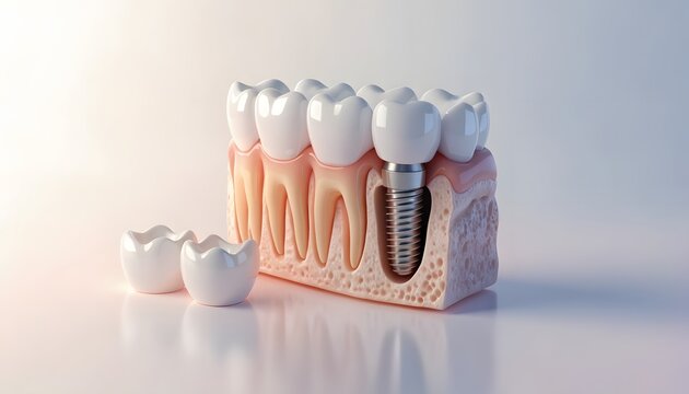 Dental implant structure model showing titanium screw in jawbone. Prosthodontic tooth replacement options. Plastic model showcasing crown restoration beside missing teeth