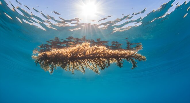 Underwater photograph of a brown seaweed mass floating just beneath the surface of clear blue ocean water with bright sunlight and sun rays reflecting on the water surface.
