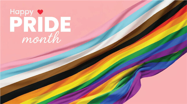 Happy Pride Month Message with Diverse Pride Flag Colors and Pink Background Keywords: pride month, happy pride, lgbtq, rainbow flag, pride flag, diversity