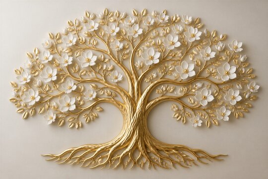 Ornate gold tree relief with floral motifs on wall