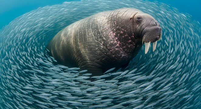 Underwater view of a large walrus with white tusks swimming through a dense school of shimmering silver sardines that are swirling around it in a circular bait ball formation.