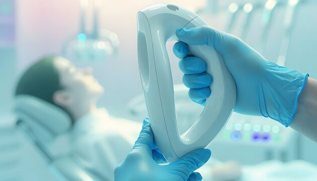 Advanced dental 3D scanner tool and modern intraoral equipment. Digital impressions and aesthetic dentistry. Dentist hand holding ergonomic scanning device in clinic room